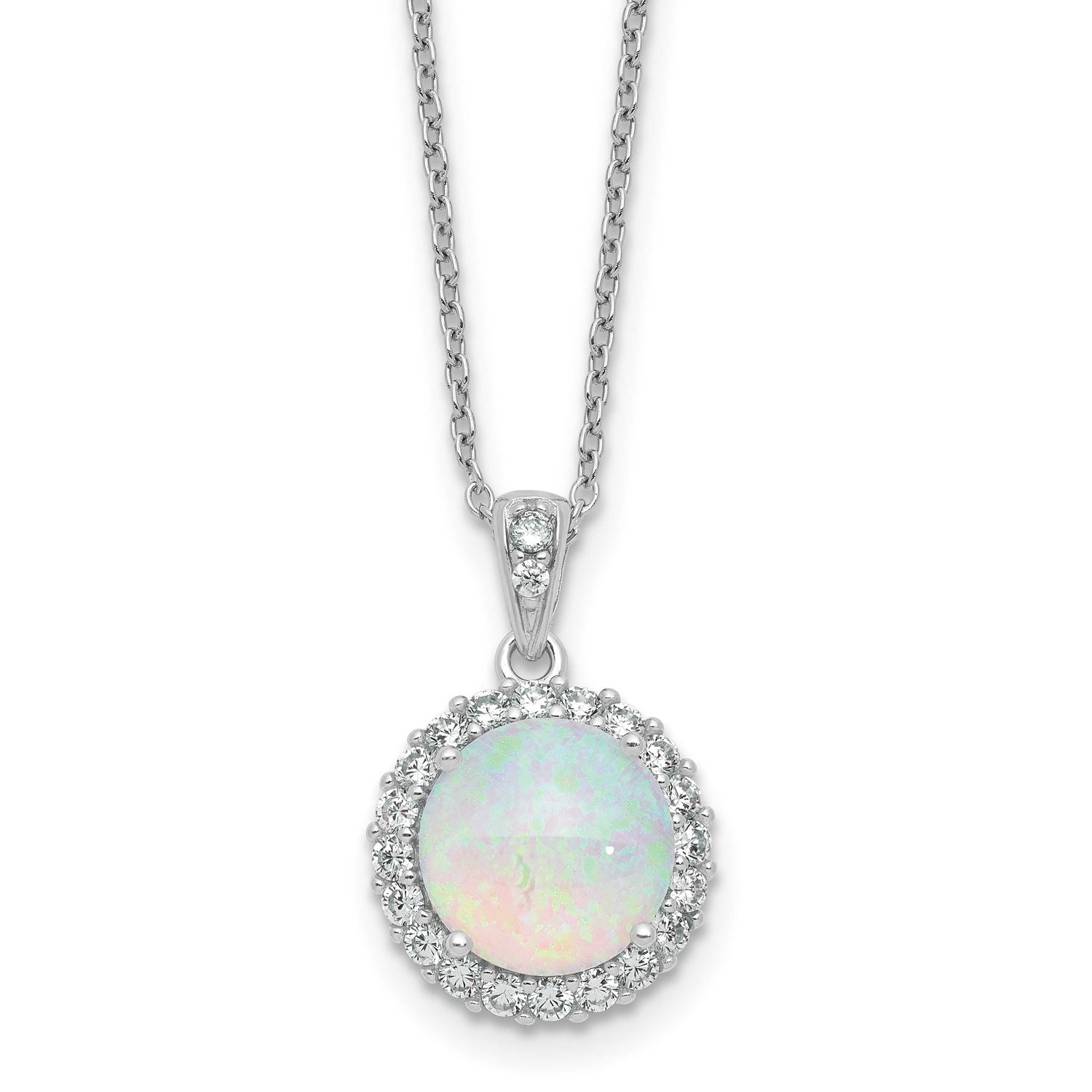 Cheryl M Polished Lab Created Opal and CZ Halo Circle 16 Inch with 2 Inch Extension Necklace Sterli