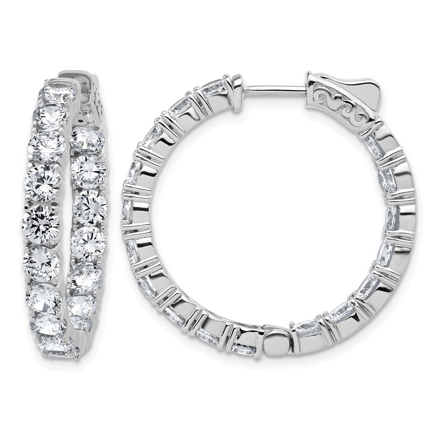 4.75mm CZ 28 Stone In and Out Hinged Hoop Earrings Sterling Silver Rhodium-plated, QSH145, 19690434
