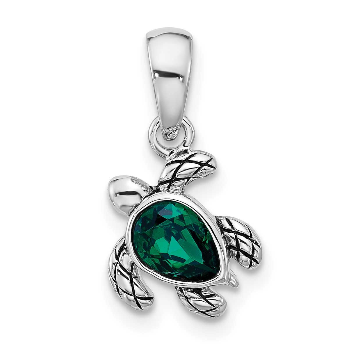Polished and Antiqued Crystal May Birthstone Turtle Pendant Sterling Silver Rhodium-plated, QP5920M