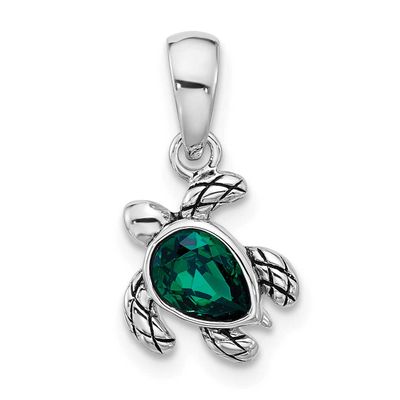 Polished and Antiqued Crystal May Birthstone Turtle Pendant Sterling Silver Rhodium-plated, QP5920M