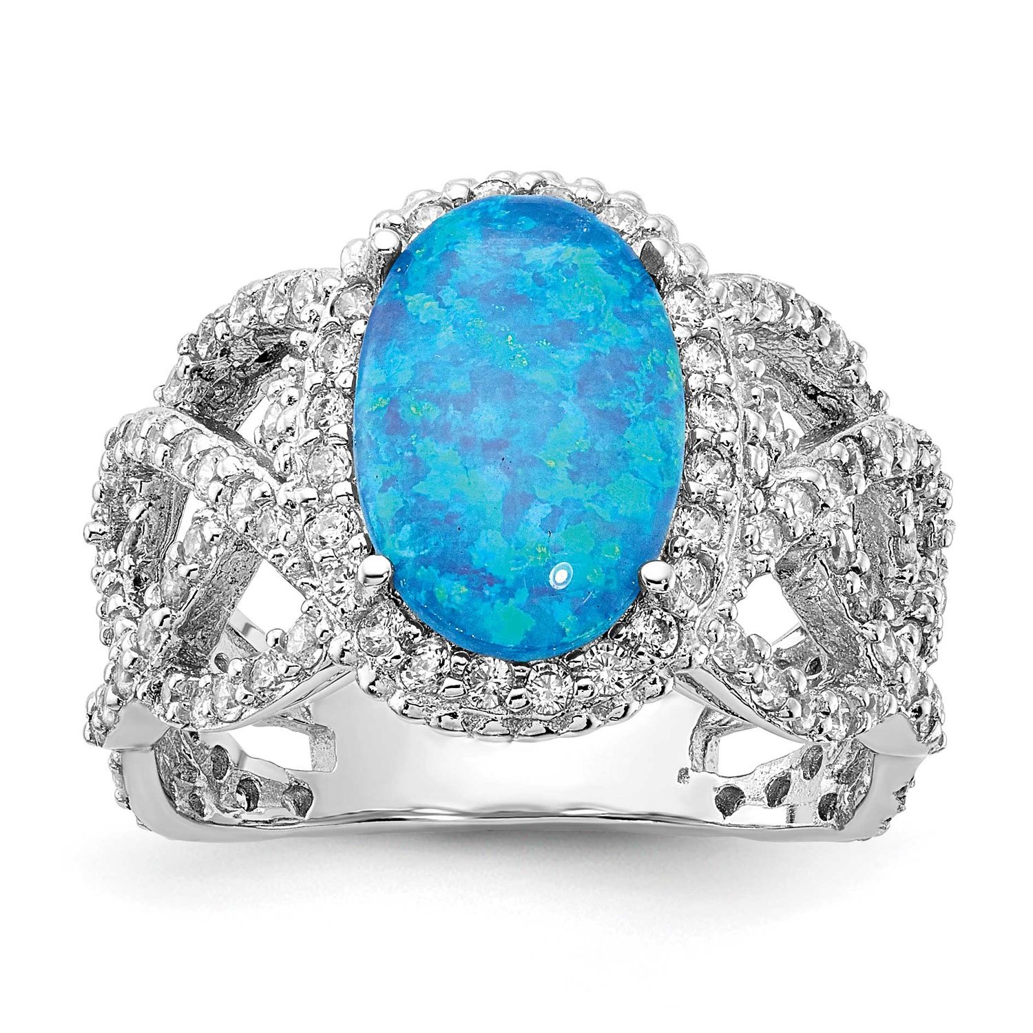 Cheryl M Polished Fancy Blue Lab Created Opal and CZ Ring Sterling Silver Rhodium-plated, QCM1925-7,