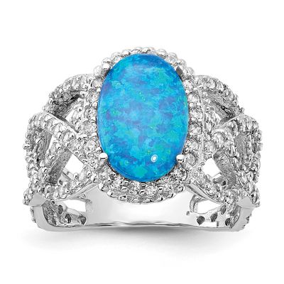 Cheryl M Polished Fancy Blue Lab Created Opal and CZ Ring Sterling Silver Rhodium-plated, QCM1925-7,