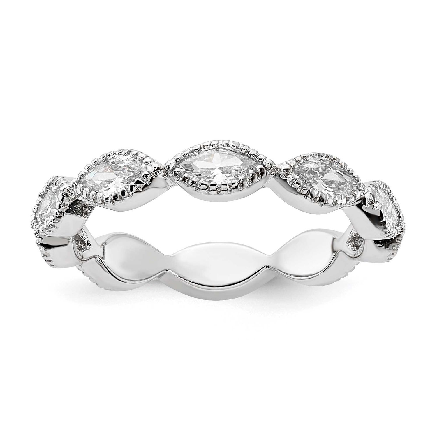 Cheryl M Polished and Beaded Navette CZ Ring Sterling Silver Rhodium-plated, QCM1940-5,