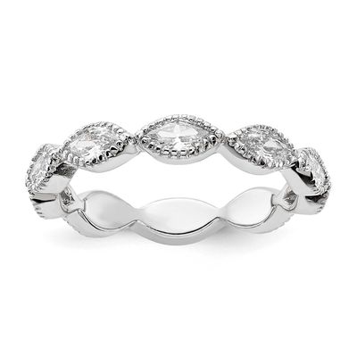 Cheryl M Polished and Beaded Navette CZ Ring Sterling Silver Rhodium-plated, QCM1940-5,