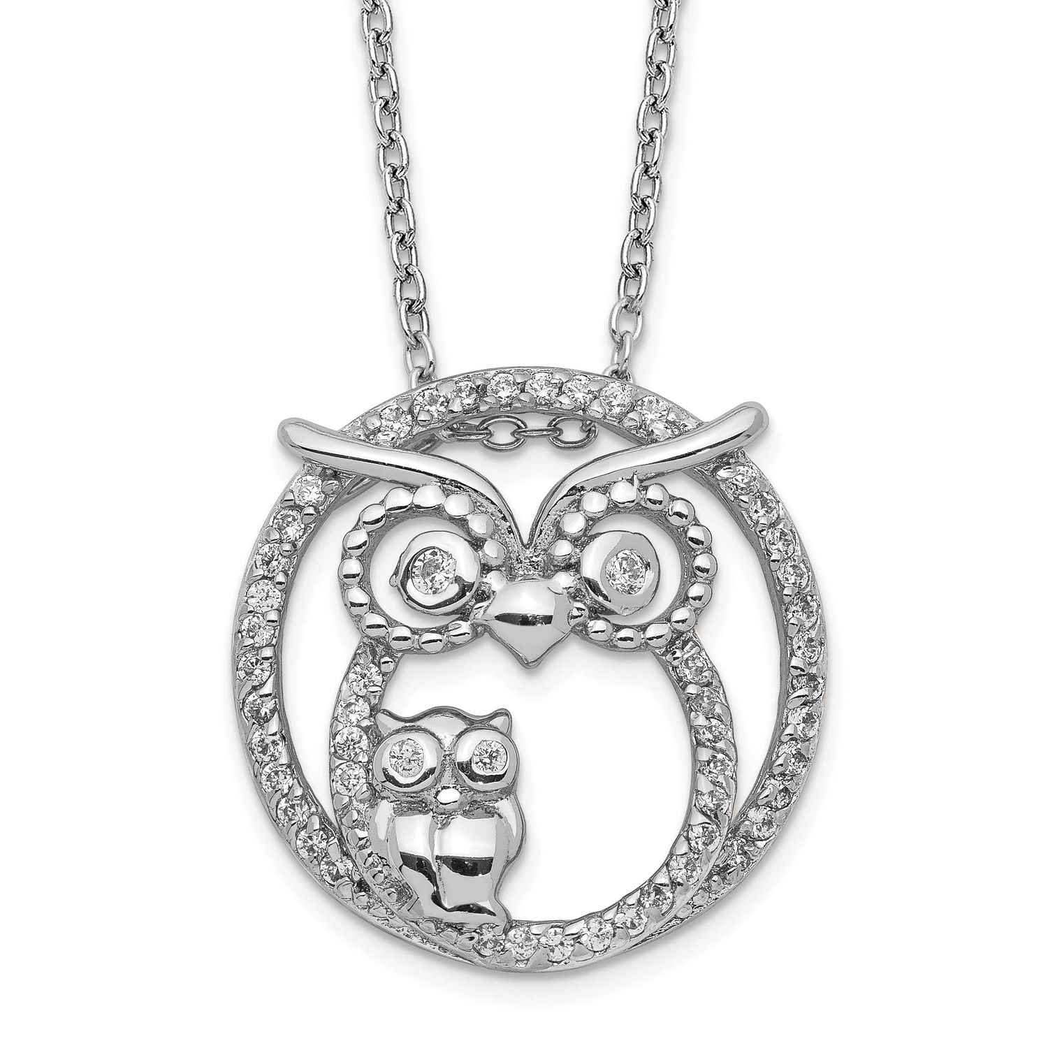 Cheryl M Polished CZ Owls 16 Inch with 2 Inch Extension Necklace Sterling Silver Rhodium-plated, QC