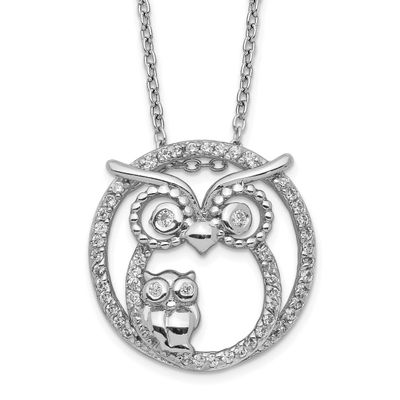 Cheryl M Polished CZ Owls 16 Inch with 2 Inch Extension Necklace Sterling Silver Rhodium-plated, QC