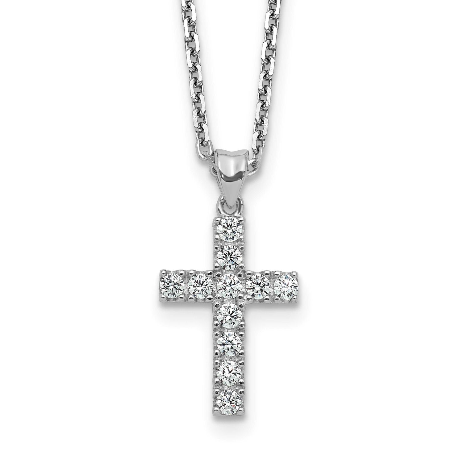 2mm CZ 11 Stone Cross 16 inch with 2 inch Extension Necklace Sterling Silver Rhodium-plated, QSH149