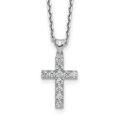 2mm CZ 11 Stone Cross 16 inch with 2 inch Extension Necklace Sterling Silver Rhodium-plated, QSH149