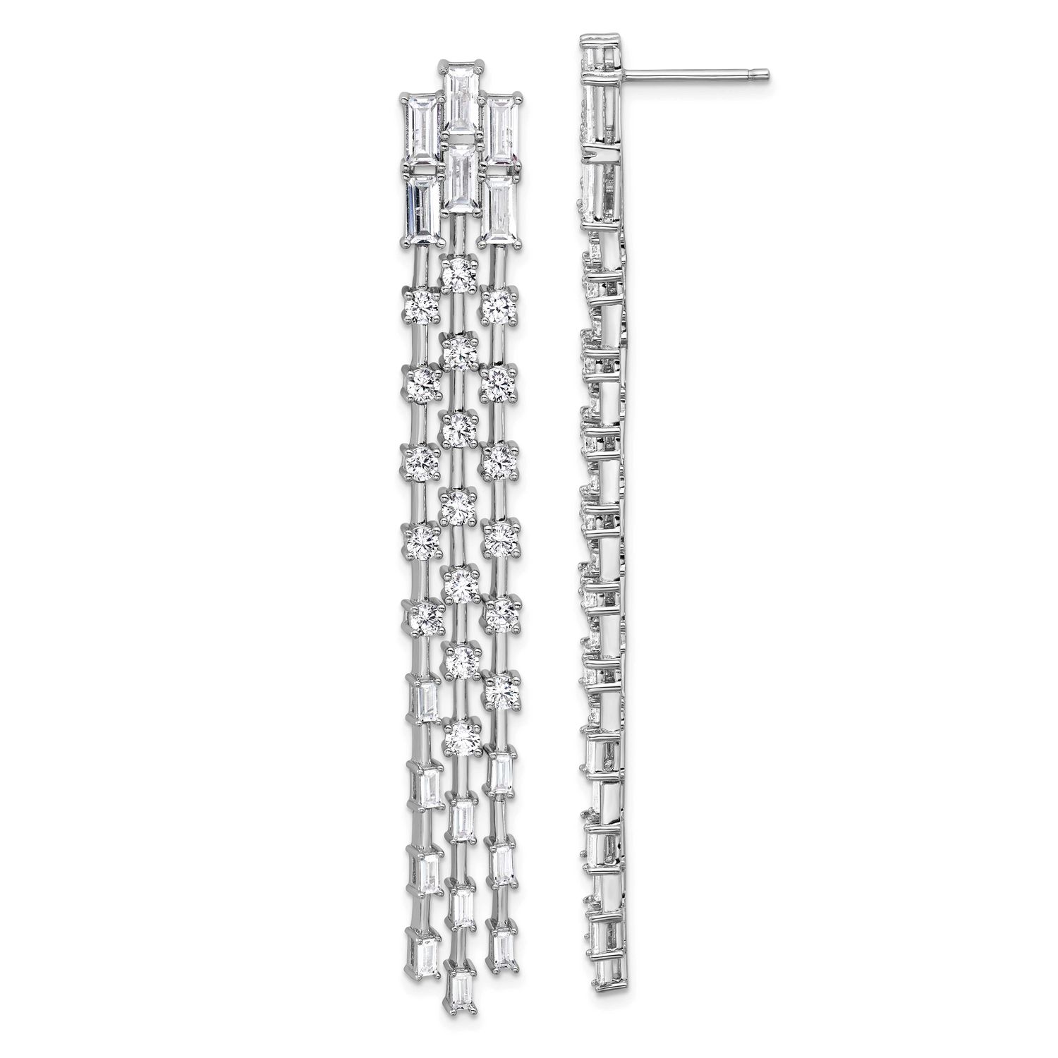 Cheryl M Polished Fancy 3-Row CZ Post Dangle Earrings Sterling Silver Rhodium-plated, QCM1736, 1969