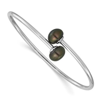 9-10mm Black Button Freshwater Cultured Pearl Flexible Bangle Sterling Silver Rhodium-plated, QH536