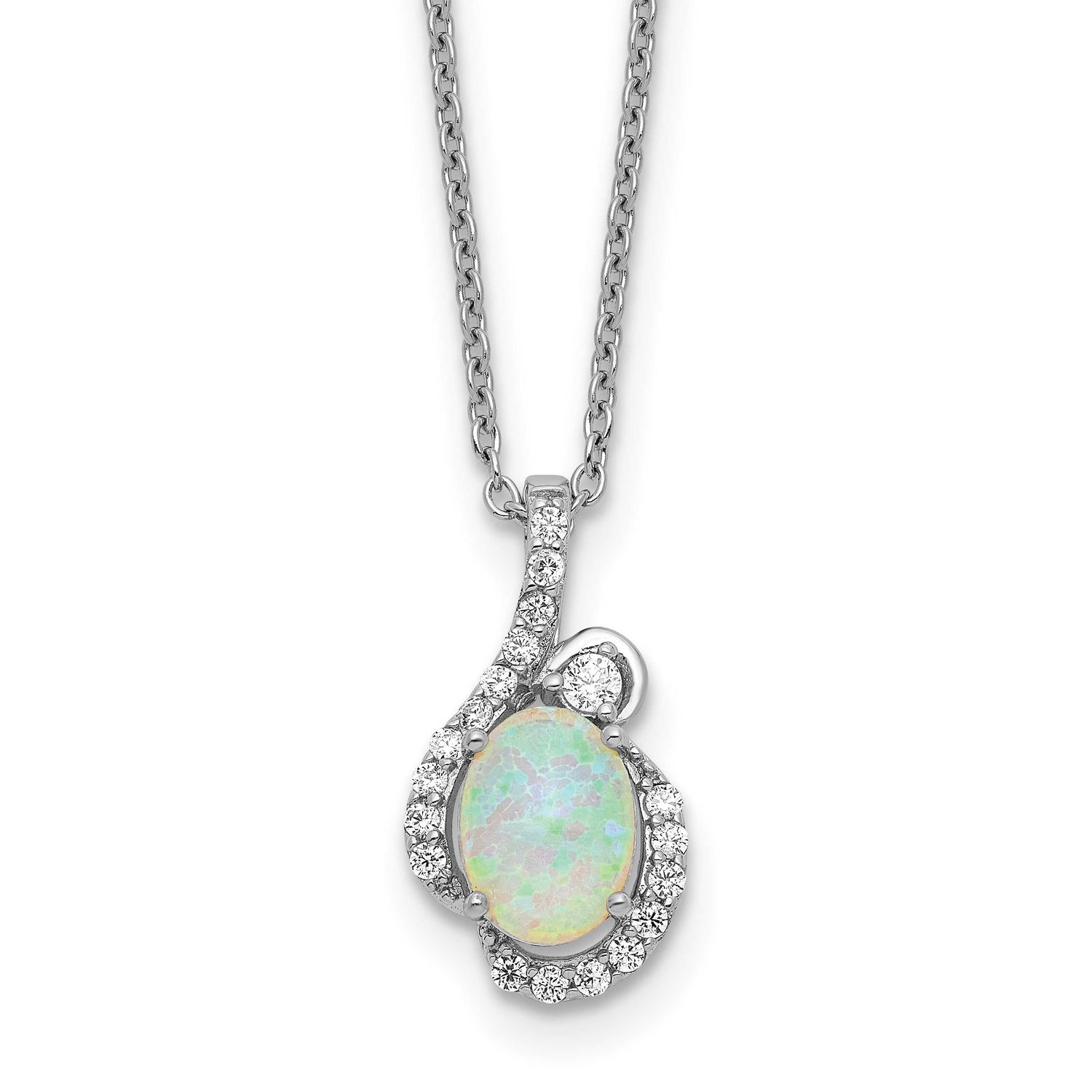 Cheryl M Polished Lab Created Opal and CZ 16 Inch with 2 Inch Extension Necklace Sterling Silver Rh
