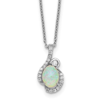 Cheryl M Polished Lab Created Opal and CZ 16 Inch with 2 Inch Extension Necklace Sterling Silver Rh