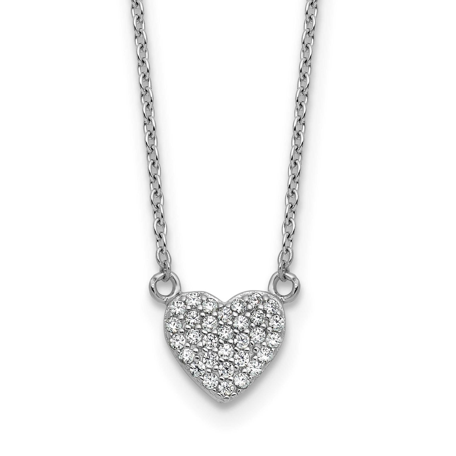 Cheryl M Polished Pave CZ Heart Necklace Sterling Silver Rhodium-plated, QCM1752-18, 196904278765