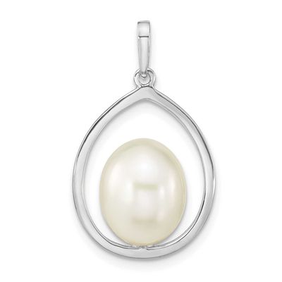 8-9mm White Rice Freshwater Cultured Pearl Teardrop Pendant 14k White Gold, XFW781,
