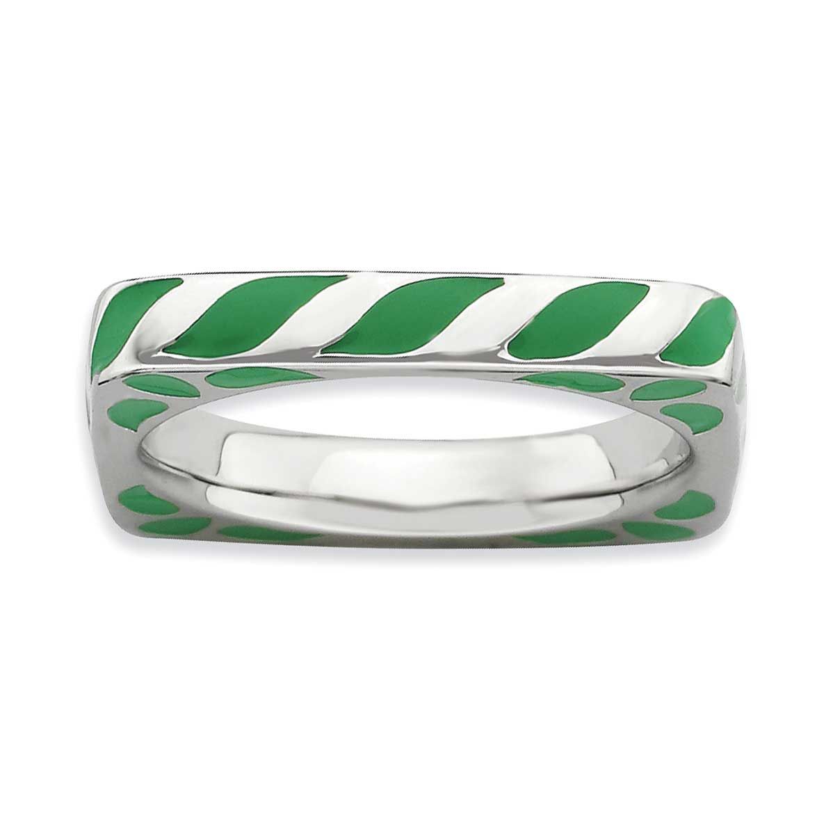 Green Enameled Square Ring Sterling Silver Polished, QSK591-5, 886774173153