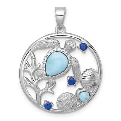 Polished Larimar and Blue CZ Sealife Pendant Sterling Silver Rhodium-plated, QC11596,