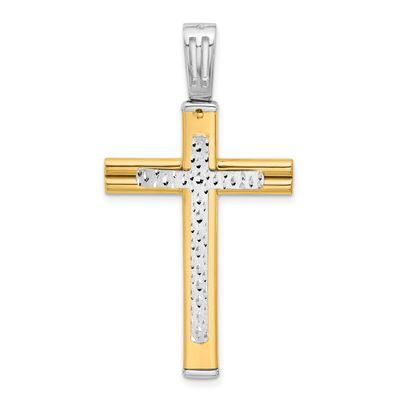 Polished/Satin/Dia-cut Reversible Cross Pendant 14k Two-tone Gold, LF1826, 196904331019