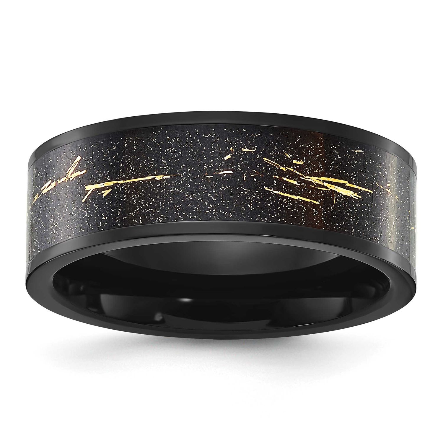 Black IP-plated Black and Gold Foil Inlay 8mm Band Stainless Steel Polished, SR713-7.5, 196904251768