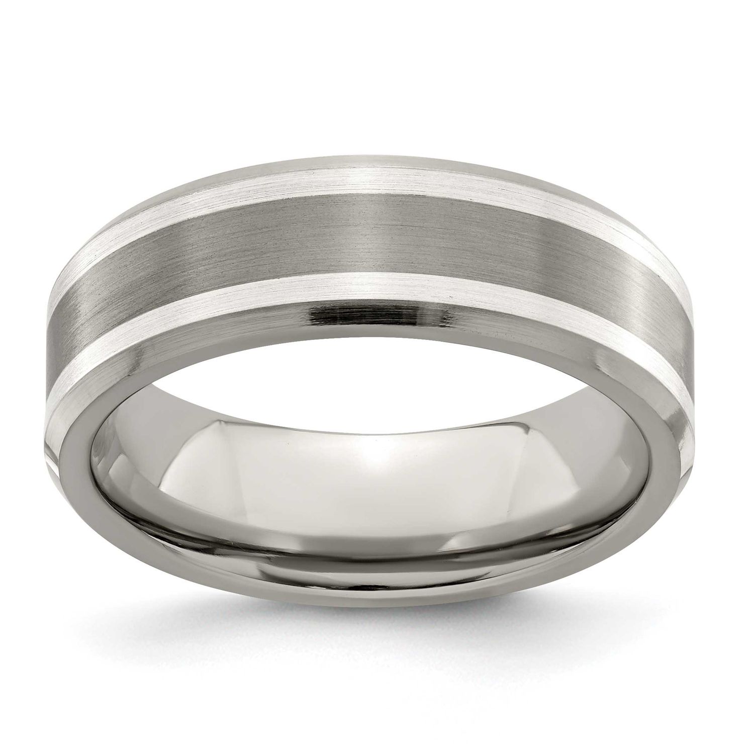Edward Mirell Polished with Argentium Sterling Silver Inlay Flat Beveled Edge 7mm Band Titanium Bru