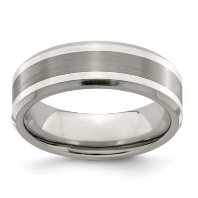 Edward Mirell Polished with Argentium Sterling Silver Inlay Flat Beveled Edge 7mm Band Titanium Bru