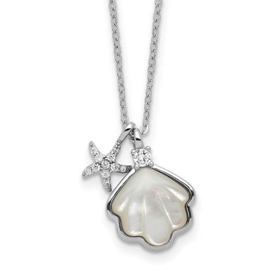 MOP Shell CZ Starfish 16in 2in Ext Necklace Sterling Silver Rhodium-plated, QG7095-16,