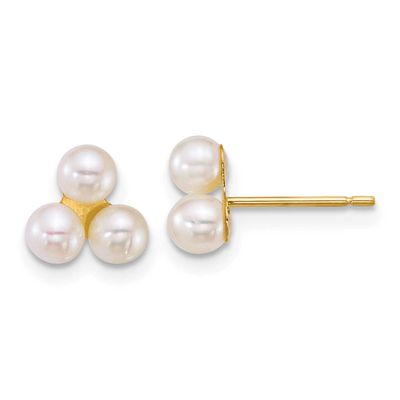 3-4mm White Button Freshwater Cultured 3 Pearl Post Earrings 14k Gold, XF892EW,