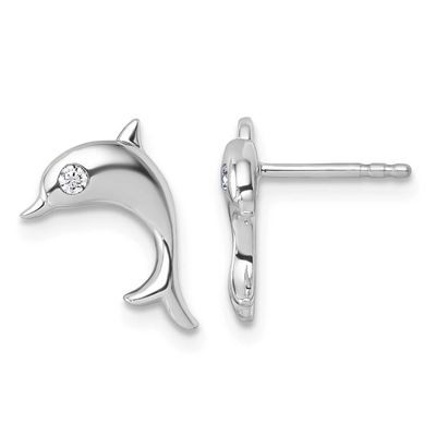 White Ice Diamond Dolphin Post Earrings Sterling Silver Rhodium-plated, QW597,
