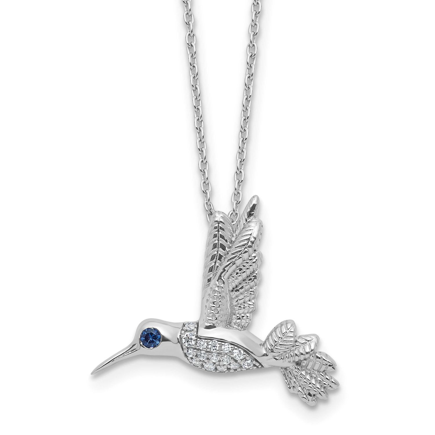 White Ice Diamond and Sapphire Humming Bird 18 inch Necklace plus 2 inch Extender Sterling Silver R