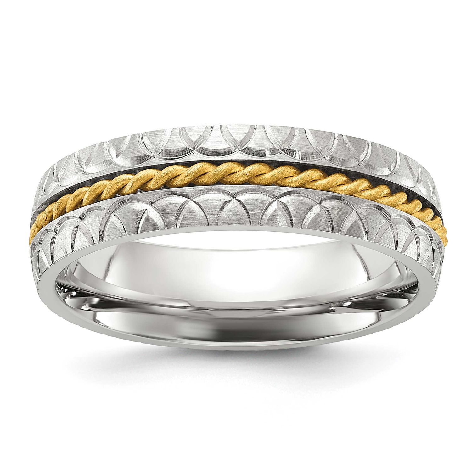 Stainless Steel Brushed, Polished and Textured Yellow IP-plated Center 6mm Band Stainless Steel Bru