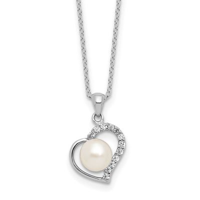 7-8mm white Button Freshwater Cultured Pearl and CZ Heart 17 inch Necklace Sterling Silver Rhodium-