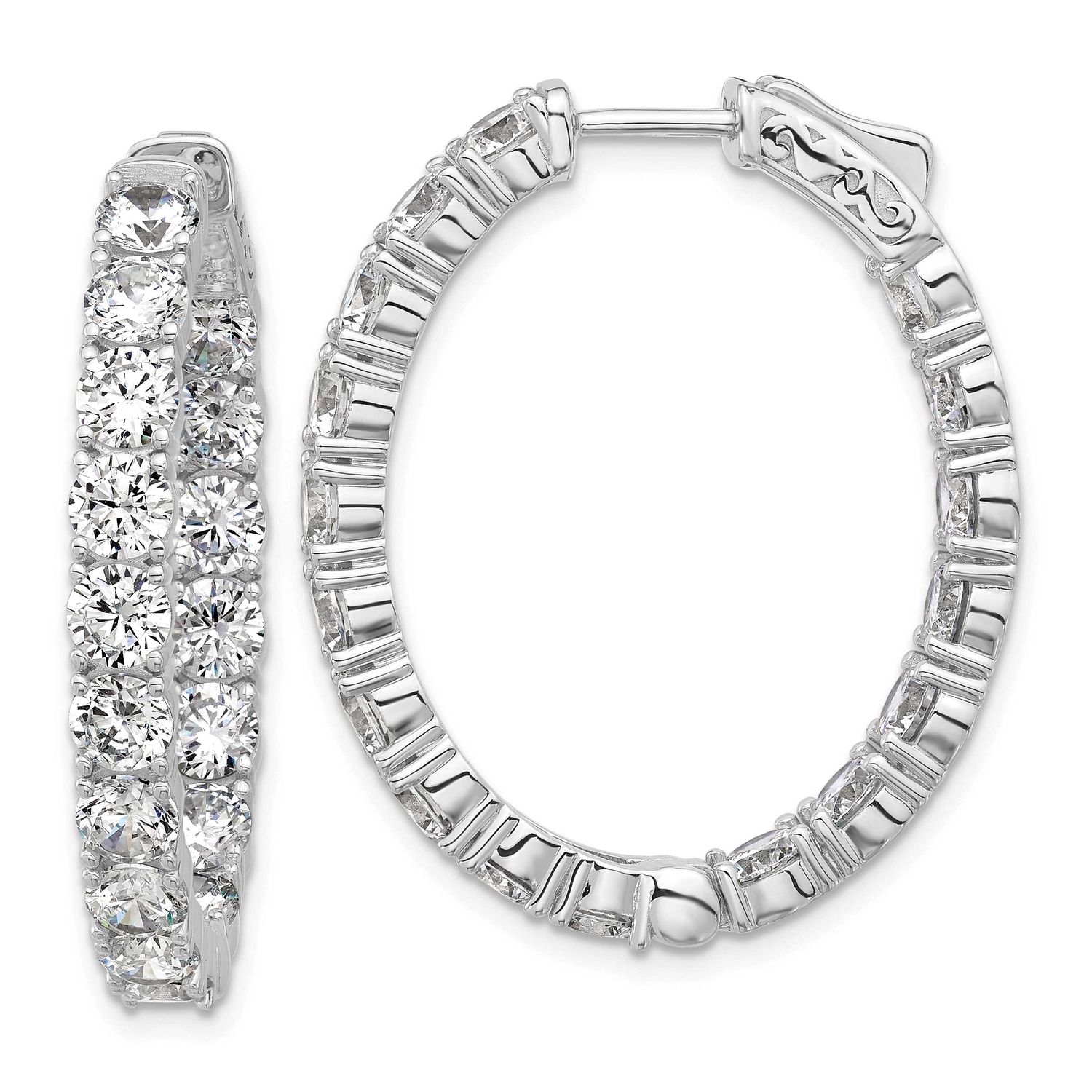 4mm CZ 34 Stone Oval In and Out Hinged Hoop Earrings Sterling Silver Rhodium-plated, QSH141, 196904