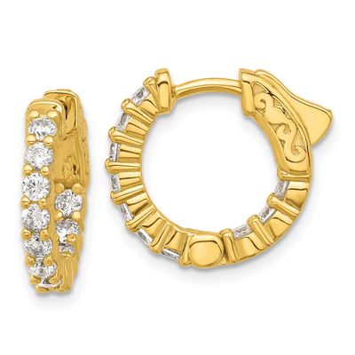 Gold-tone Flash Gold-plated 2.3mm CZ 20 Stone In and Out Hinged Hoop Earrings Sterling Silver, QE12