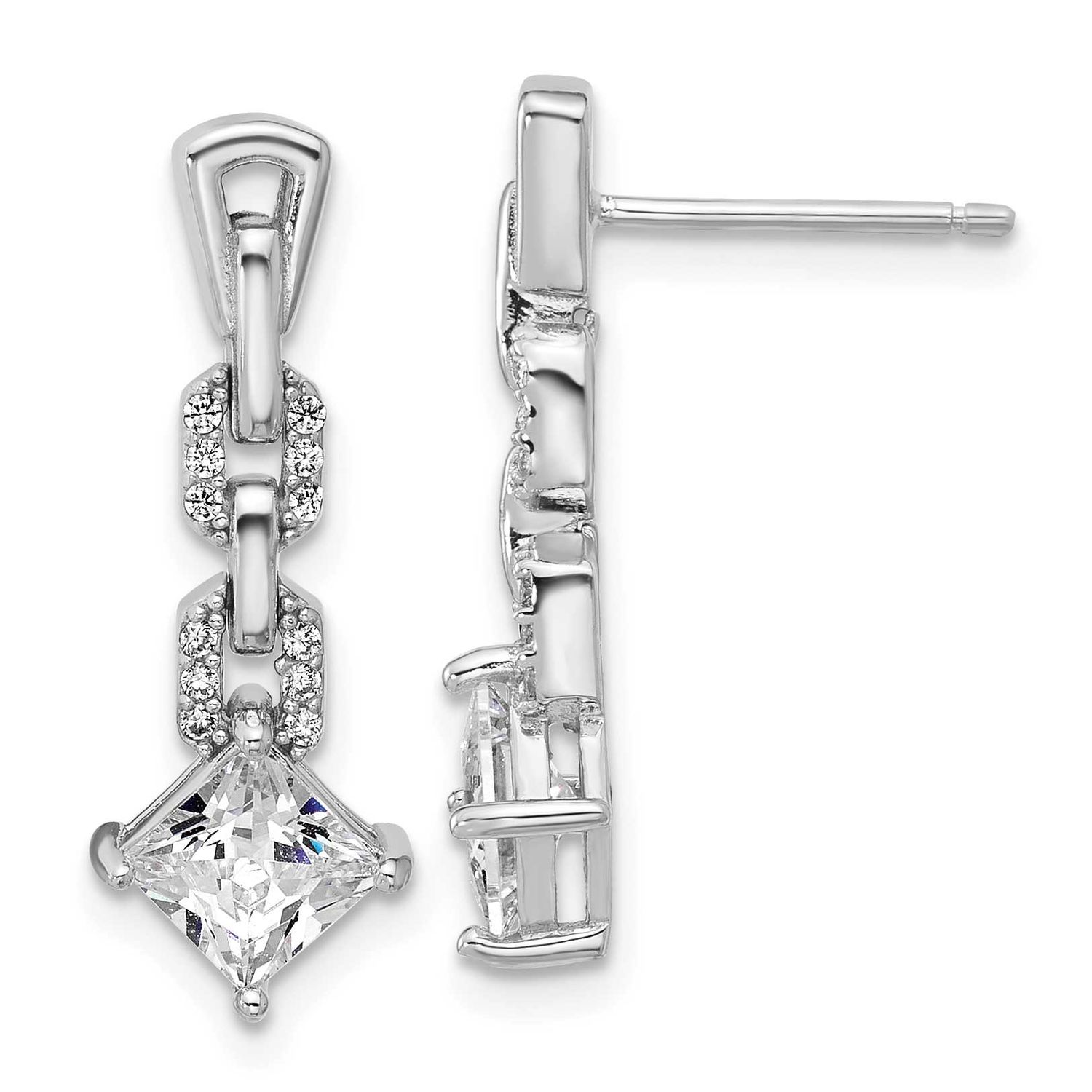 Cheryl M Polished Fancy CZ Link Post Dangle Earrings Sterling Silver Rhodium-plated, QCM1759, 19690