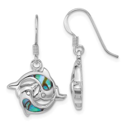 Polished Abalone Dolphins Dangle Earrings Sterling Silver Rhodium-plated, QE18217,