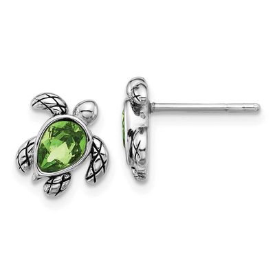 Polished and Antiqued Green Crystal August Birthstone Turtle Earrings Sterling Silver Rhodium-plate