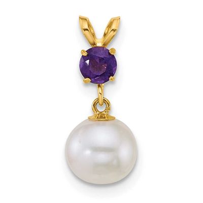 7-8mm White Round Freshwater Cultured Pearl and .25AM Amethyst Pendant 14k Gold, XF878/AM,