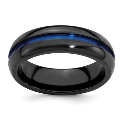 Edward Mirell with Blue Anodized Center Stripe Domed 7mm Band Black Ti, EMR346-12, 191101331558