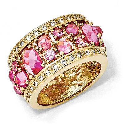 Synthetic Pink Sapphire &amp; CZ Ring Sterling Silver Gold-plated, QCM1052-7,