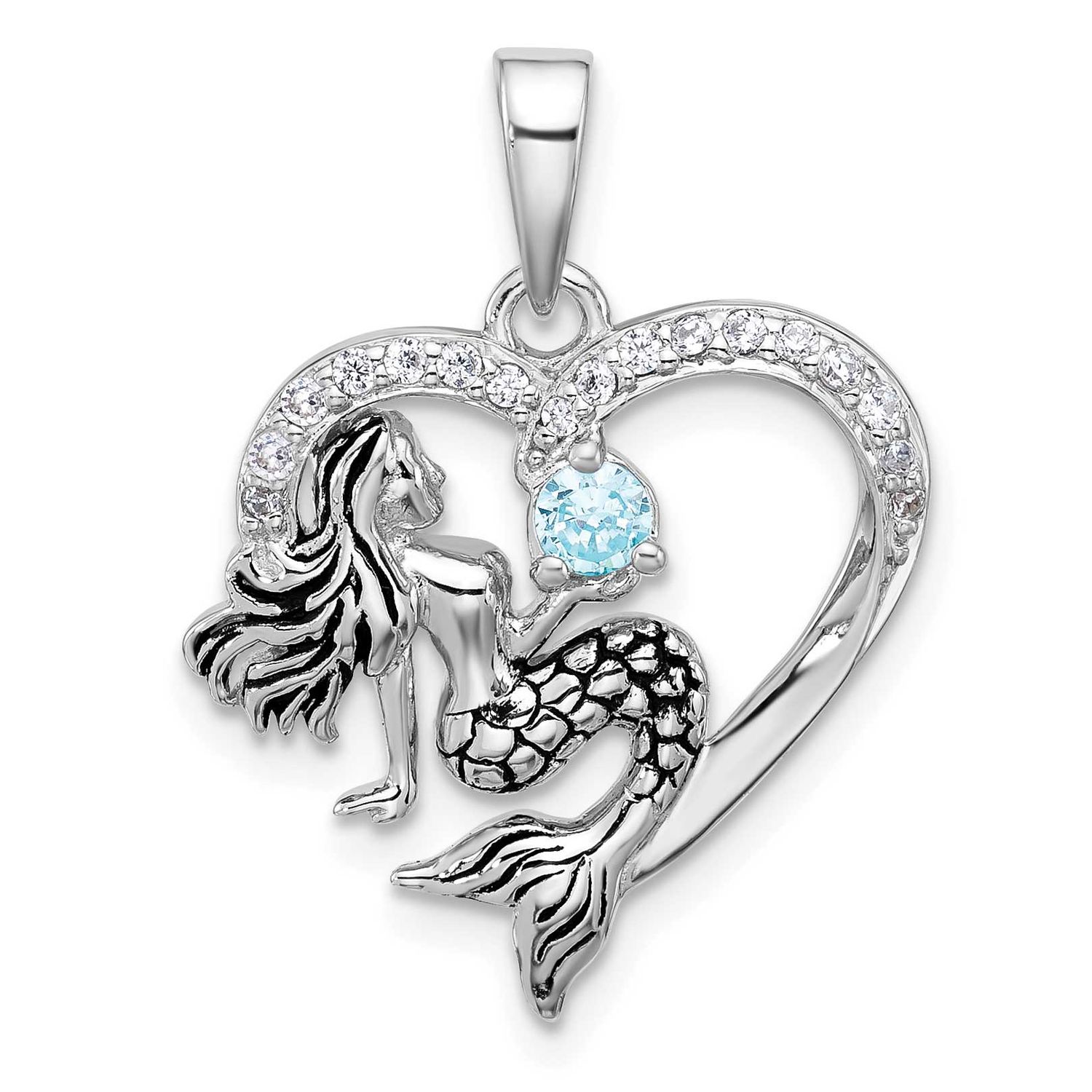 Polished and Antiqued Blue CZ Mermaid Heart Pendant Sterling Silver Rhodium-plated, QP5915,