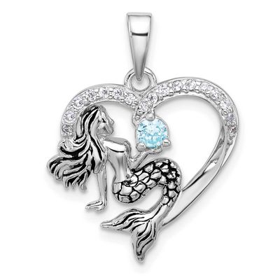 Polished and Antiqued Blue CZ Mermaid Heart Pendant Sterling Silver Rhodium-plated, QP5915,