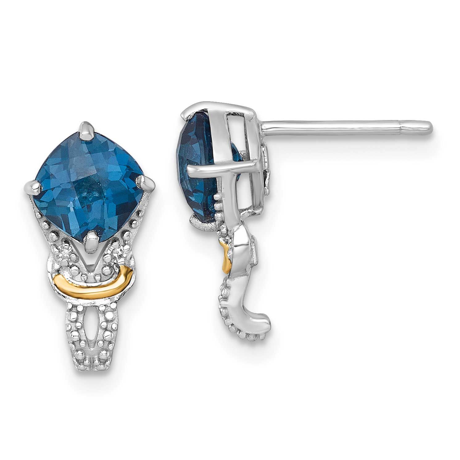 Shey Couture with 14k Accent Checker-cut Cushion London Blue Topaz and .02ct. Diamond Post Earrings