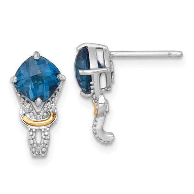 Shey Couture with 14k Accent Checker-cut Cushion London Blue Topaz and .02ct. Diamond Post Earrings