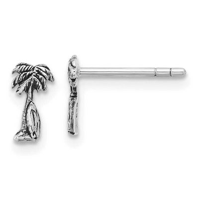 Antiqued Palm &amp; Tree Surfboard Earrings Sterling Silver Rhodium-plated, QE17785,