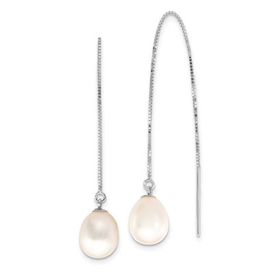 6-8mm White Teardrop Freshwater Cultured Pearl Threader Earrings 14k White Gold, XFW713E,