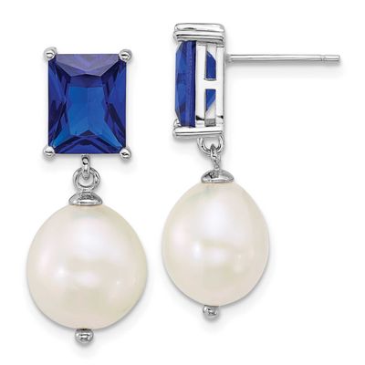9-11mm White Semi-Round Freshwater Cultured Pearl and Blue CZ Post Dangle Earrings Sterling Silver