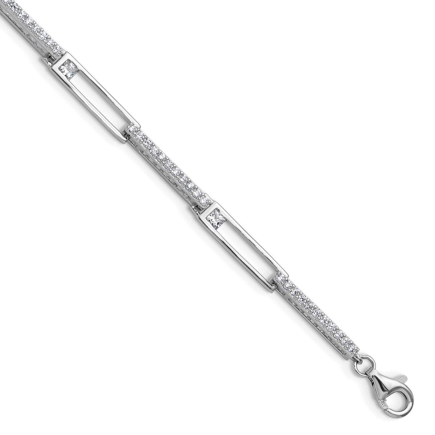 Cheryl M Polished CZ Rectangular Link with 1 Inch Extension Bracelet Sterling Silver Rhodium-plated
