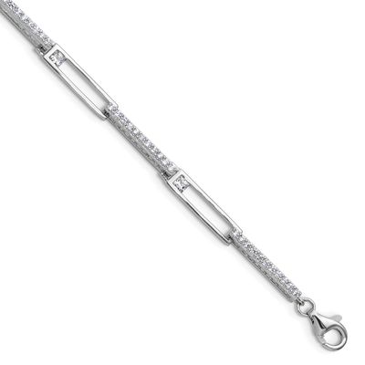 Cheryl M Polished CZ Rectangular Link with 1 Inch Extension Bracelet Sterling Silver Rhodium-plated