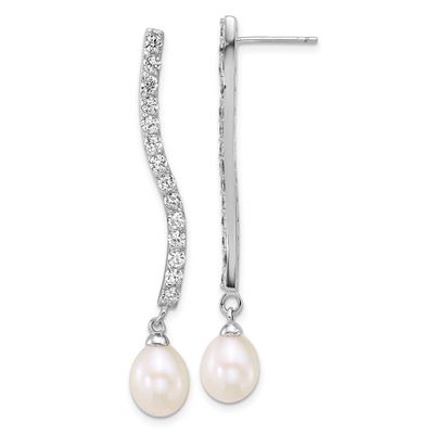 7-8mm White Teardrop Freshwater Cultured Pearl and CZ Post Dangle Earrings Sterling Silver Rhodium-