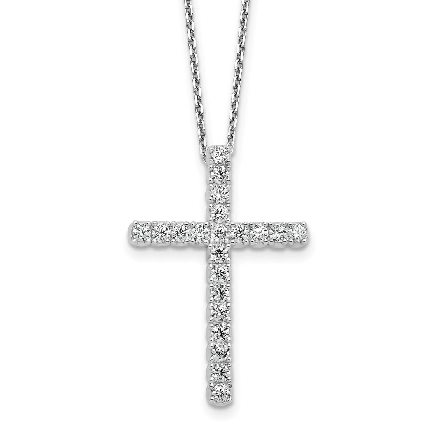 2.3mm CZ 21 Stone Cross 16 inch with 2 inch Extension Necklace Sterling Silver Rhodium-plated, QSH1