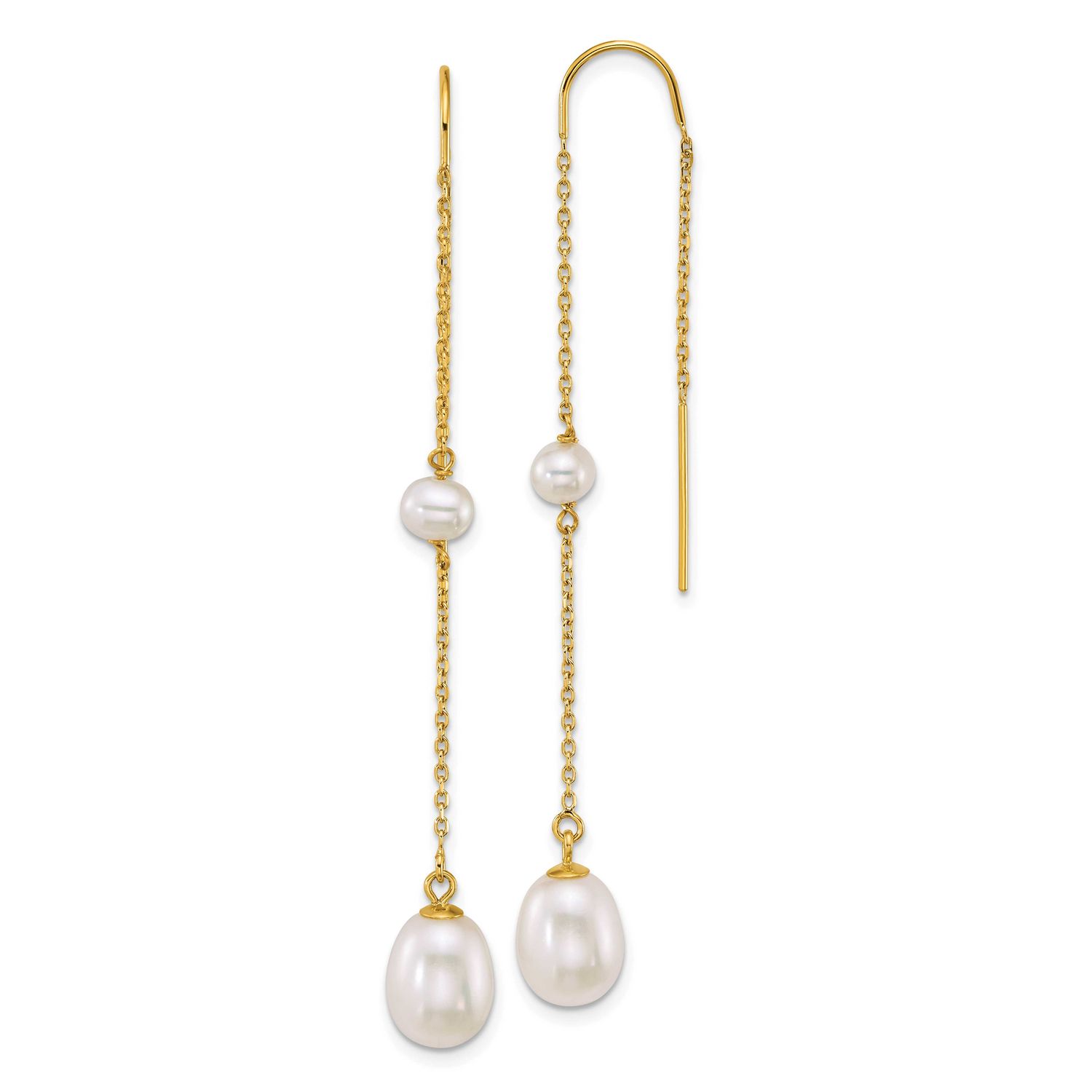 4-8mm White Near-Round and Teardrop Freshwater Cultured Pearl Threader Earrings 14k Gold, XF917E,